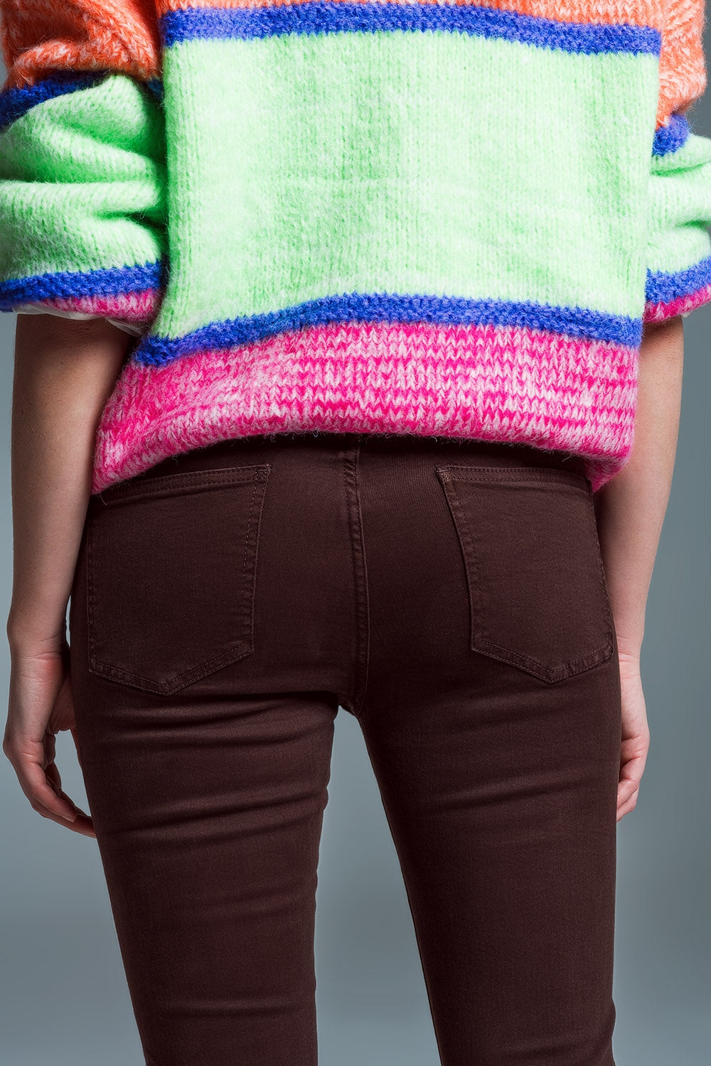 Skinny Flared Jeans With Double Button Detail in Brown - Coloured Jeans
