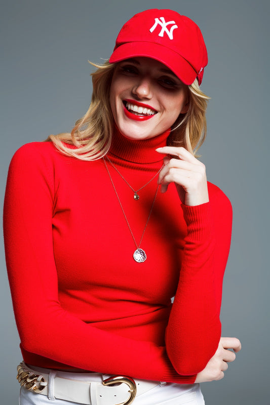 Fine knit high neck jumper in red - jumper