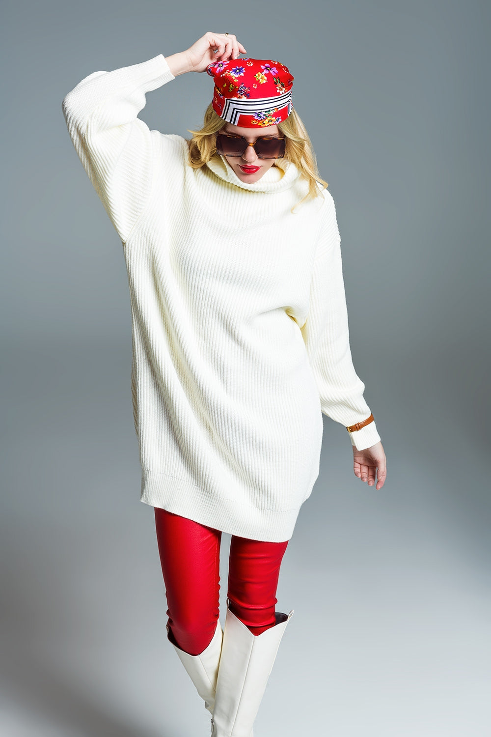 Oversized Ribbed Knit dress With Turtle Neck in Cream - dress