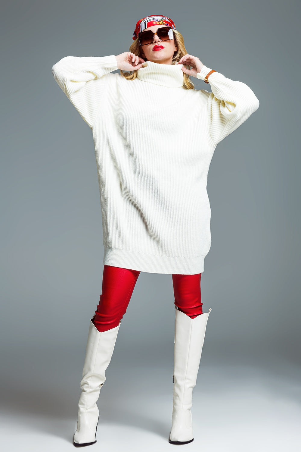 Oversized Ribbed Knit dress With Turtle Neck in Cream - dress