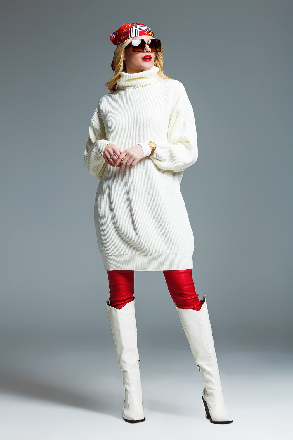 Oversized Ribbed Knit dress With Turtle Neck in Cream - dress