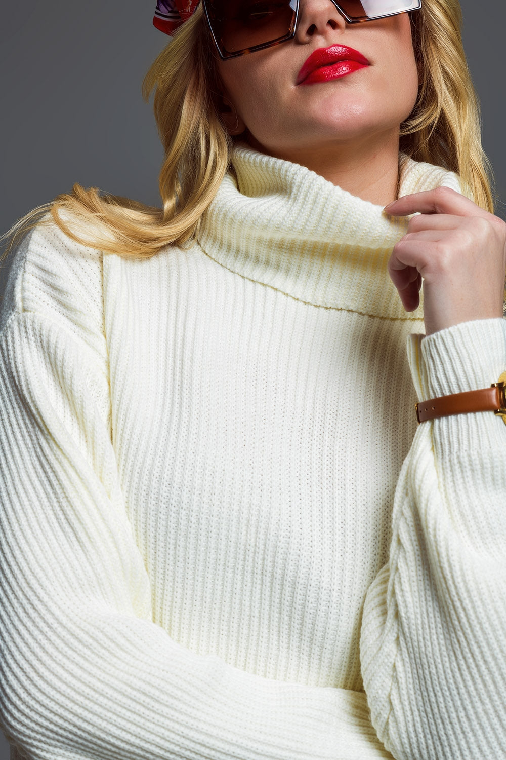 Oversized Ribbed Knit dress With Turtle Neck in Cream - dress