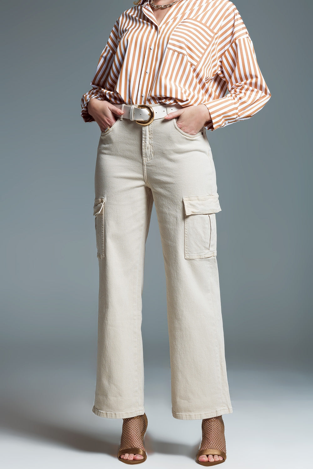 Straight Leg Cargo Jeans in Beige - Coloured Jeans