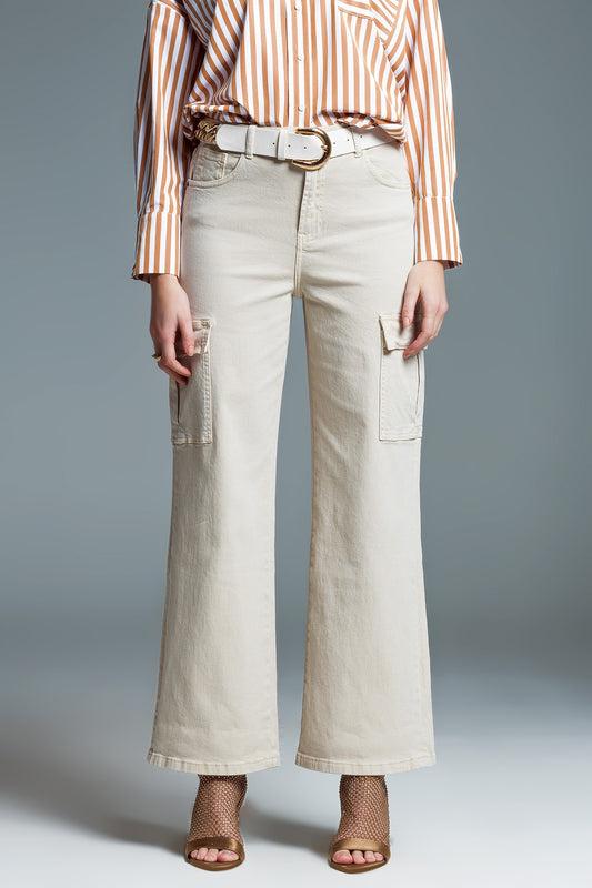 Straight Leg Cargo Jeans in Beige - Coloured Jeans
