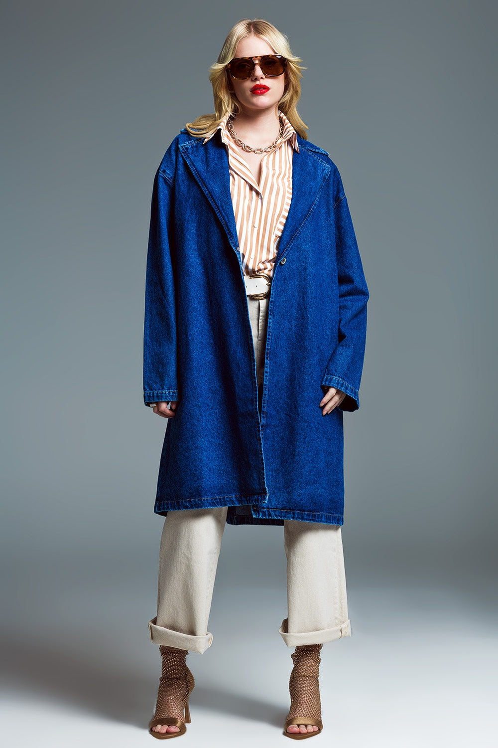 Oversized Denim Coat With Wide Collar in Mid Wash