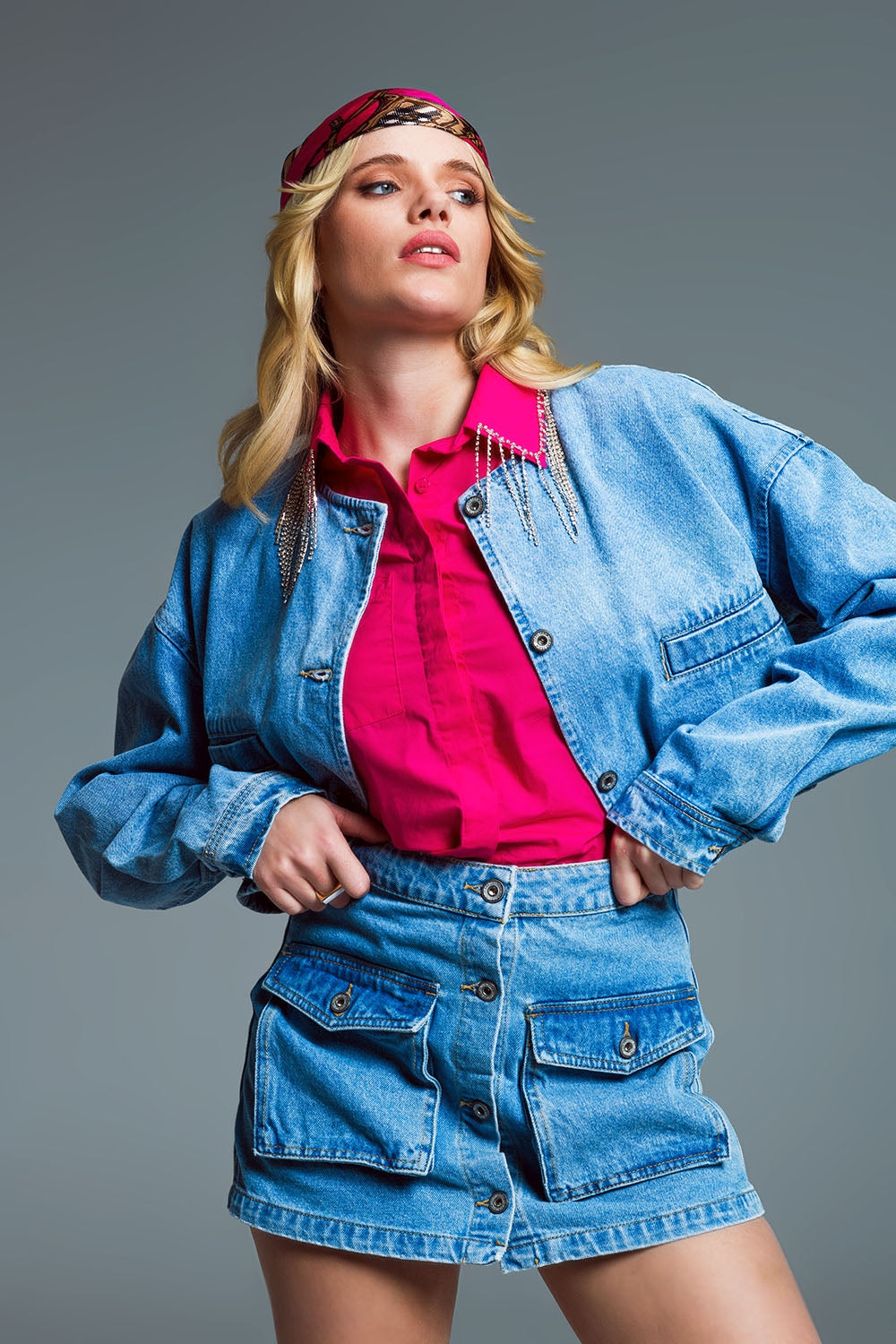 Denim cargo mini short with front buttoning in light wash - Skirts, Denim