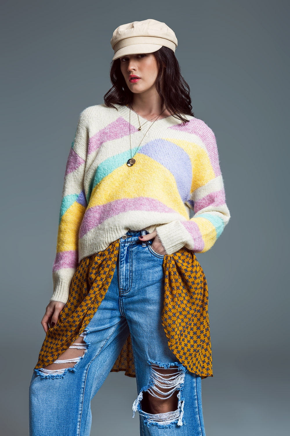 Relaxed V-neckline Sweater Beige With Abstract Stripes in Pastel Colors