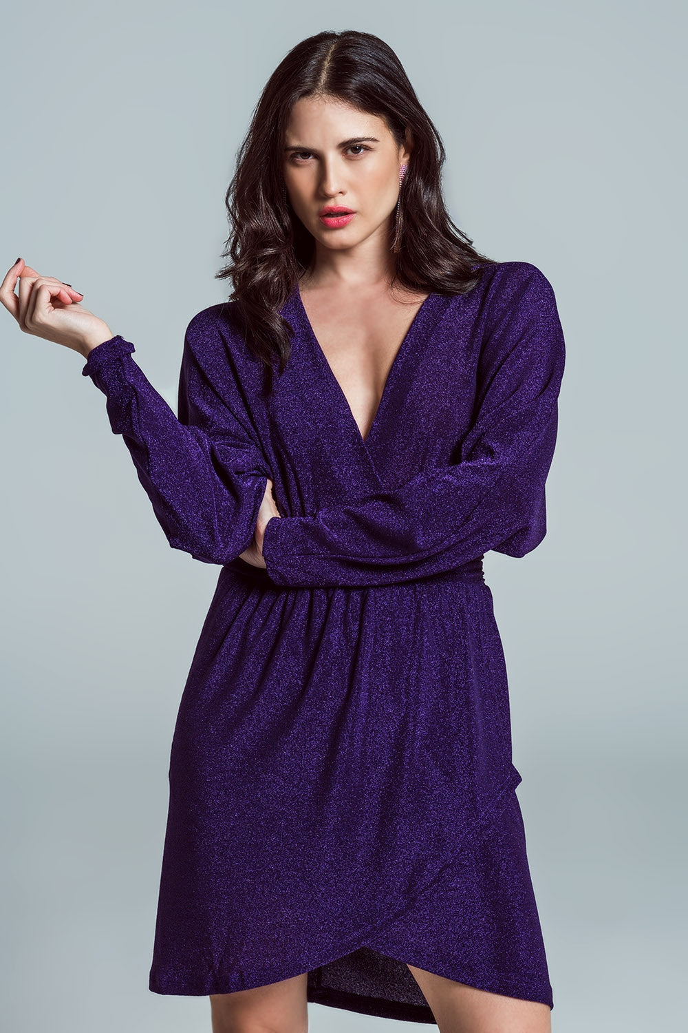 Mini length glitter dress with deep V neck in purple - dress