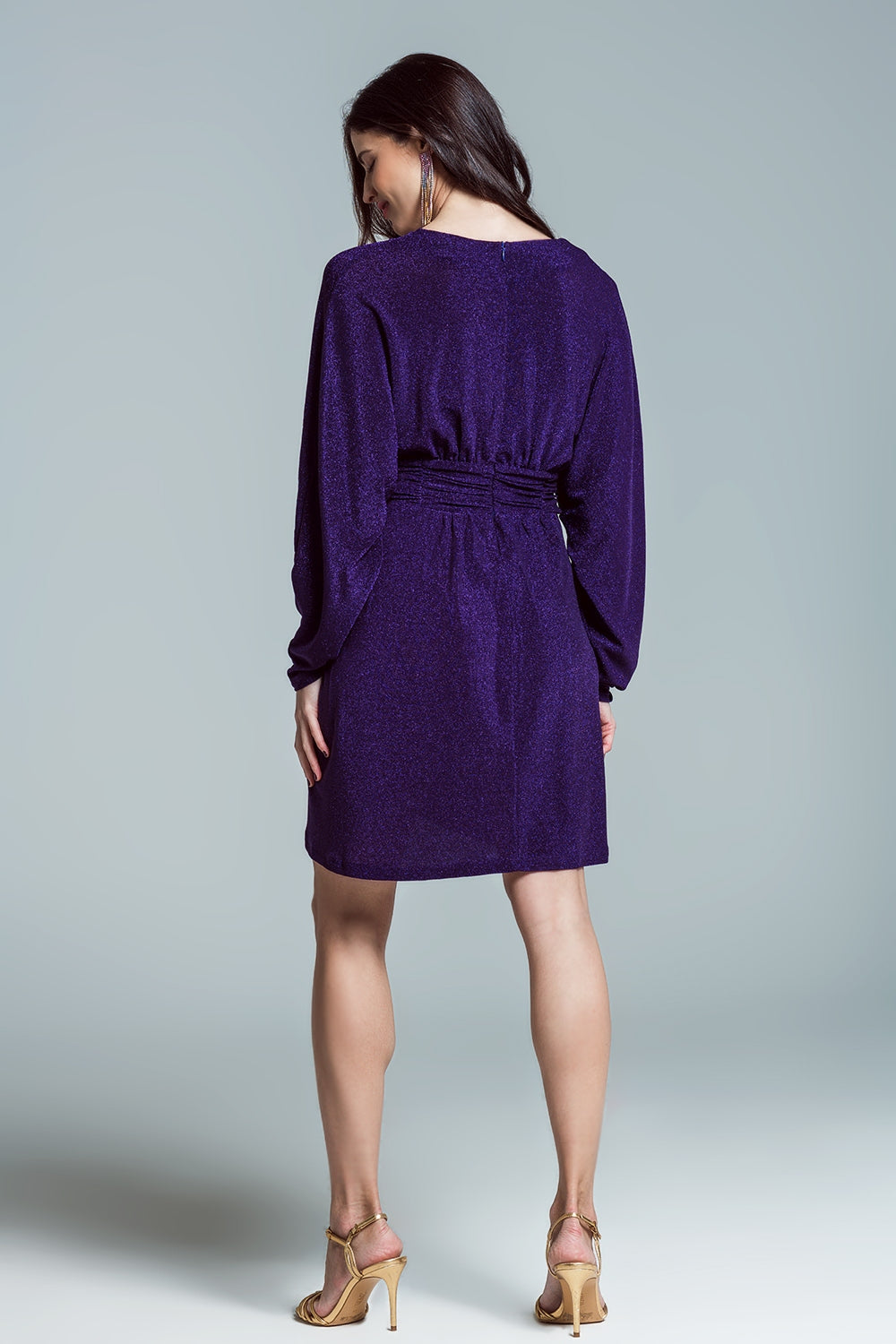 Mini length glitter dress with deep V neck in purple - dress