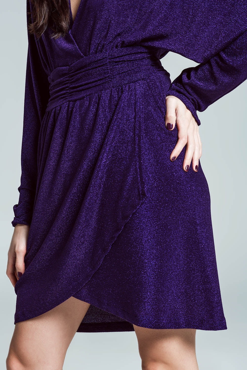 Mini length glitter dress with deep V neck in purple - dress