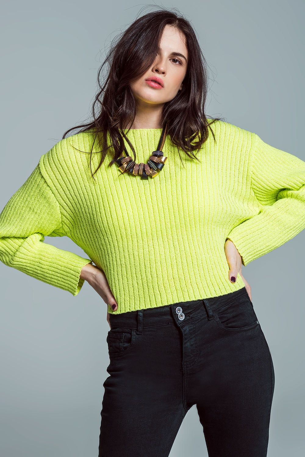 Boat Neck Relaxed Jumper In Chunky Rib in Lime Green