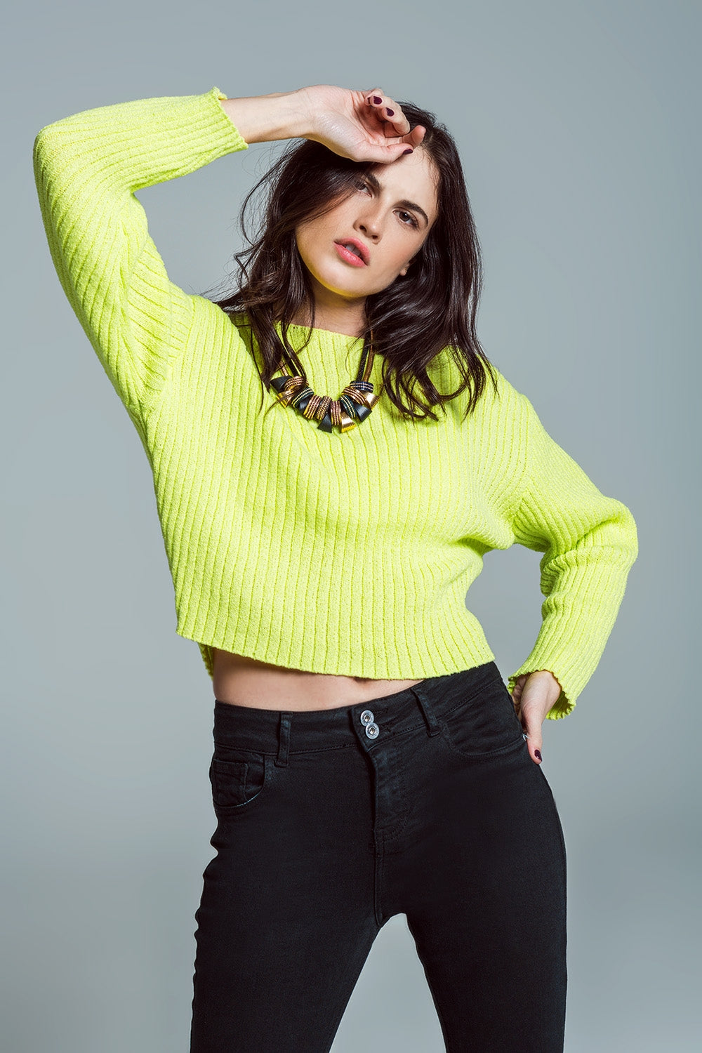 Boat Neck Relaxed Jumper In Chunky Rib in Lime Green