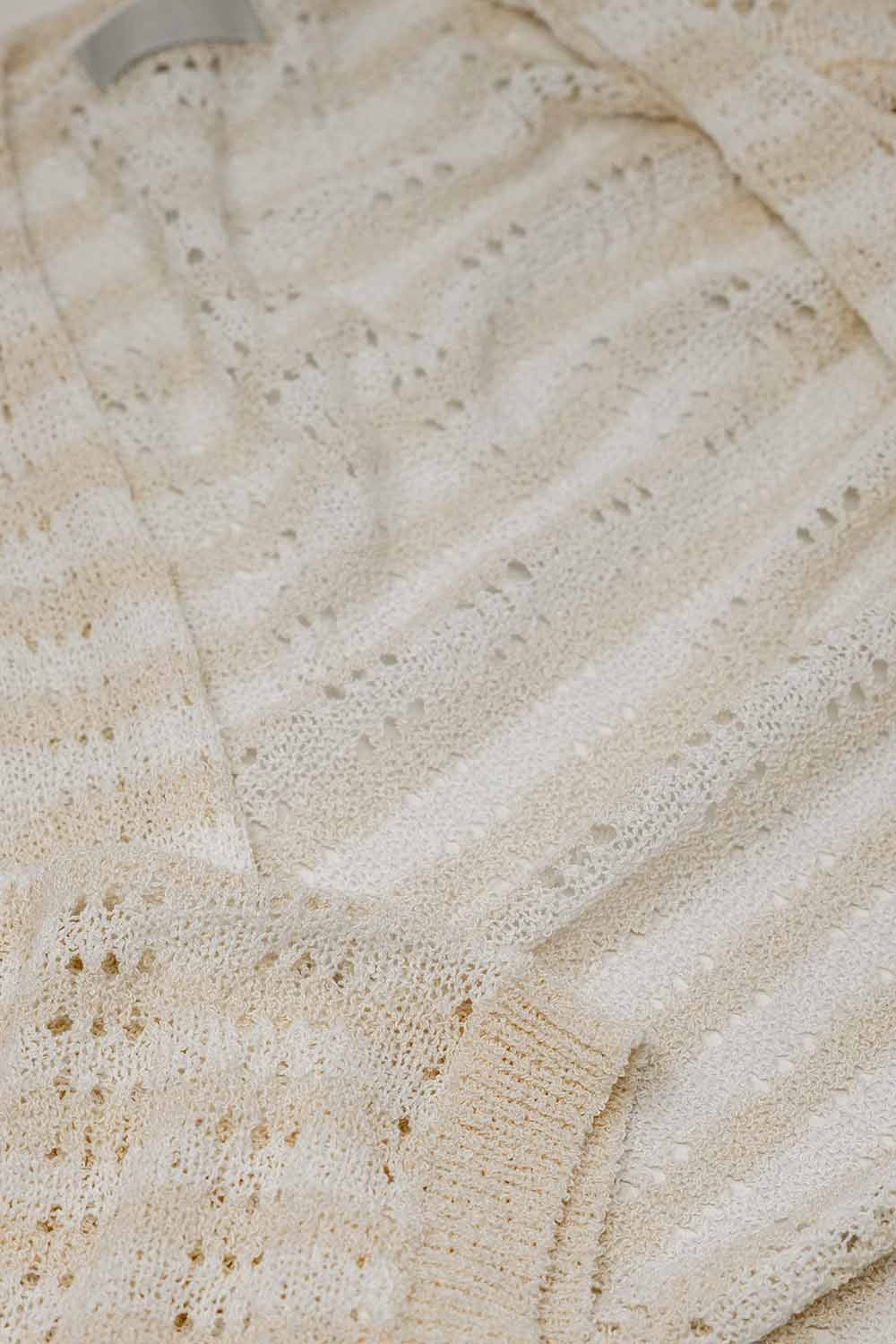 Cream Boho Style Cardigan With Stripes Pointelle Knit and Fringe Details