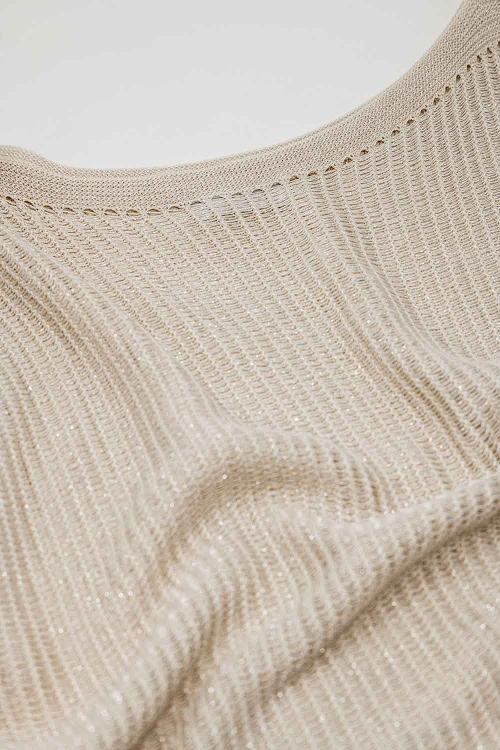 Boat neck ribbed sweater with cap sleeves in beige