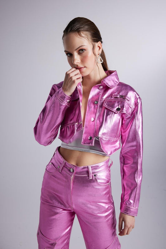 Metallic Pink Glossy Millen Cropped Jacket Pink Cotton - Jackets & Blazers