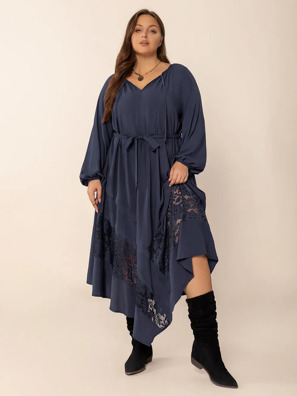 Plus Size Lace Detail Tie Neck Long Sleeve Midi Dress -