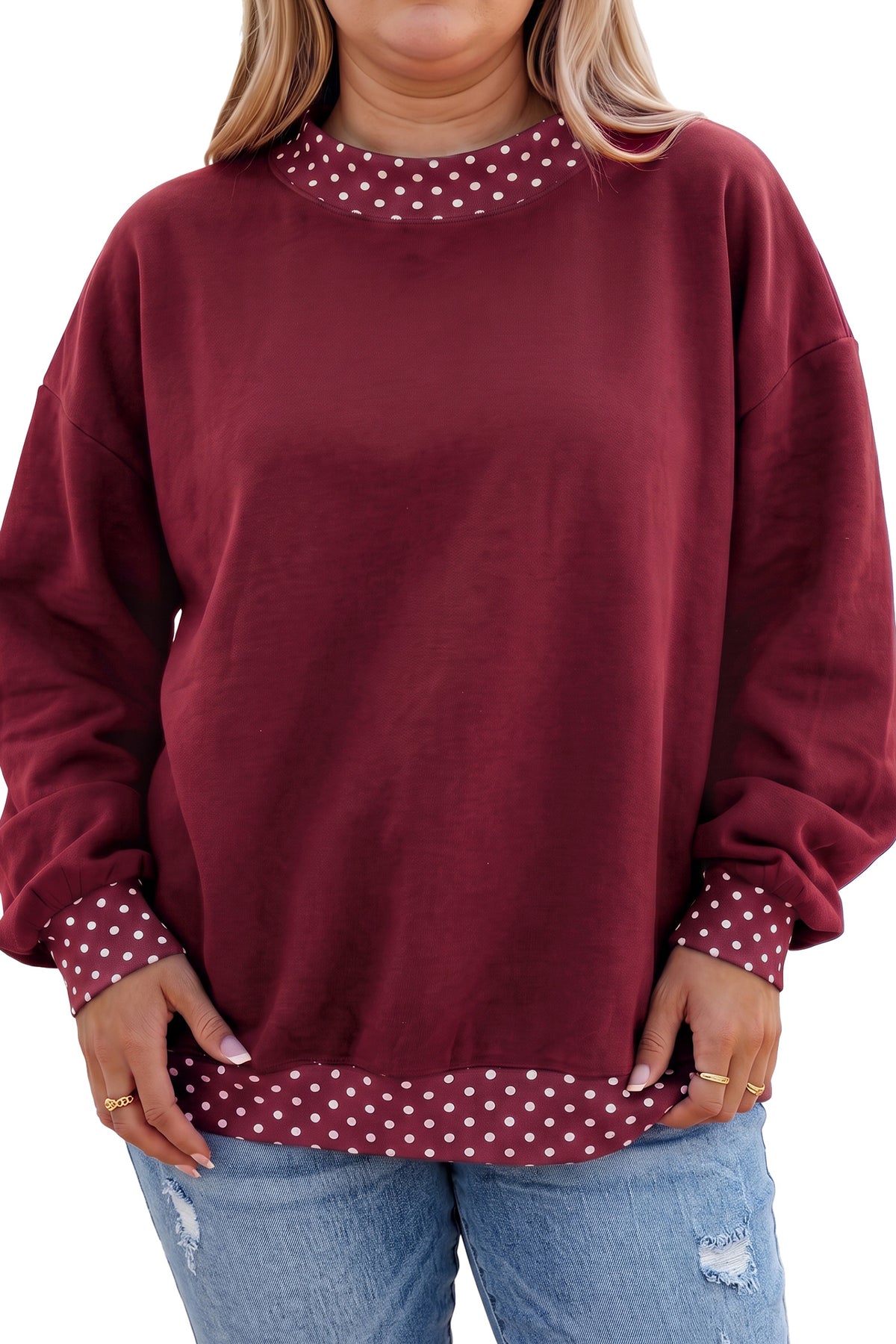 Tillandsia Purple Polka Dot Patchwork Round Neck Plus Size Sweatshirt - Plus Size/Plus Size Sweatshirts & Hoodies