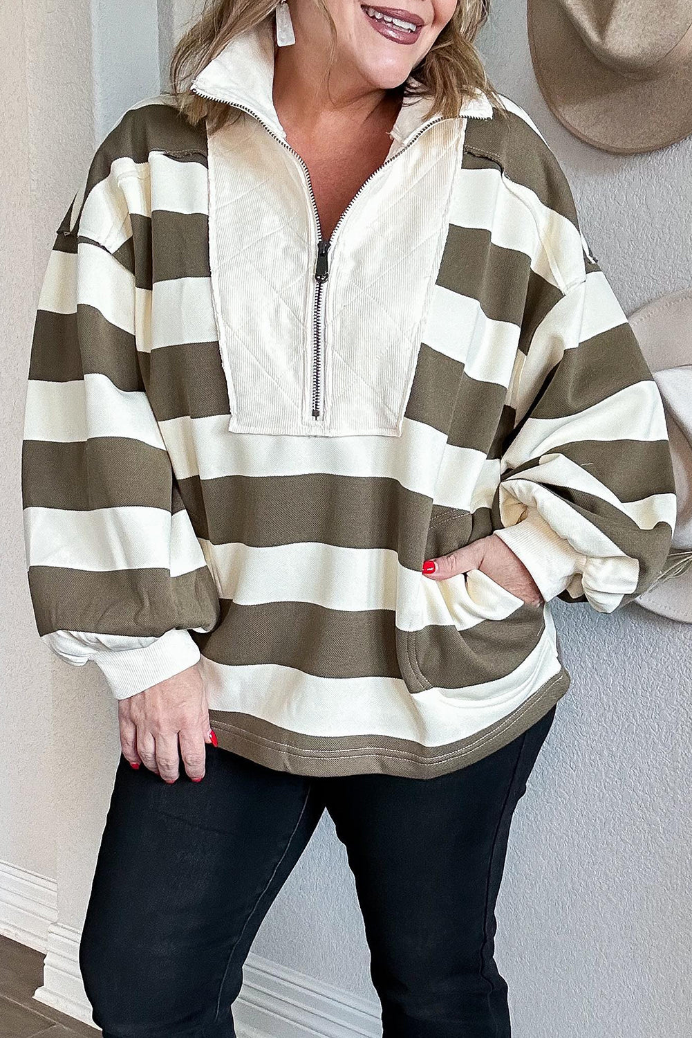 Green Stripe Plus Size Half Zipped Casual Sweatshirt - Plus Size/Plus Size Sweatshirts & Hoodies