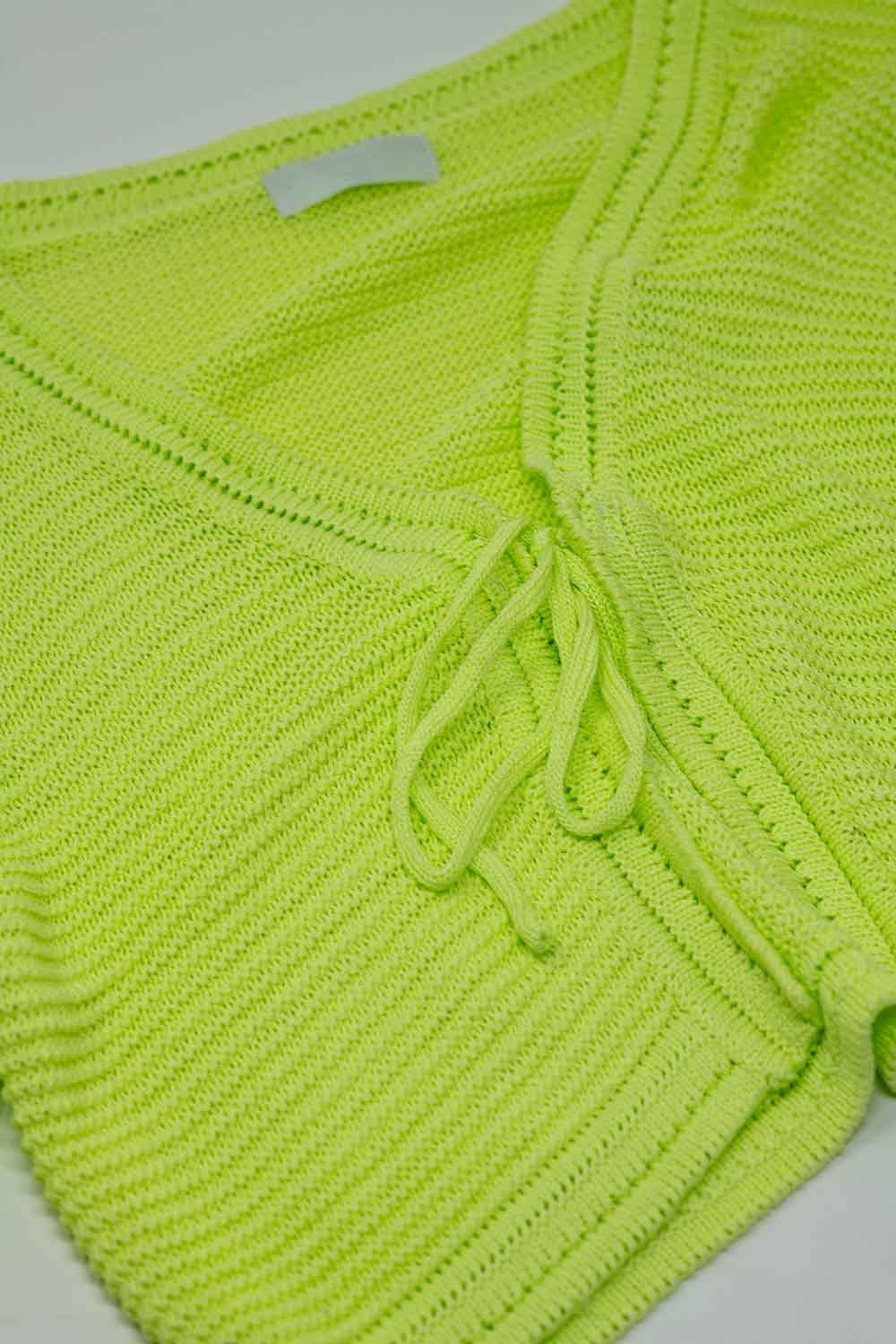 Long Bell Sleeve Knitted Cardigan in Lime Green With knot detail