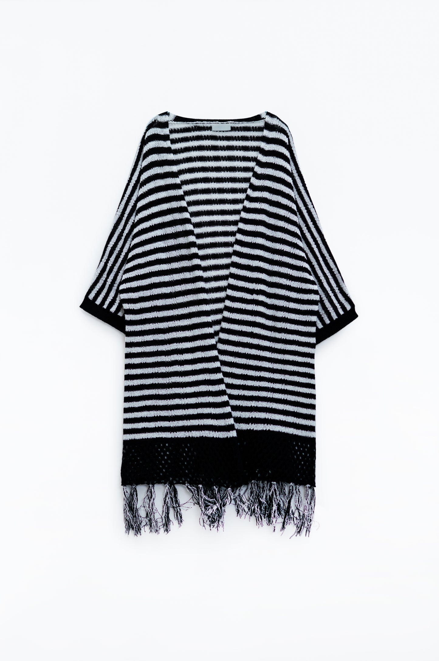 Black Boho Style Cardigan With Stripes Pointelle Knit and Fringe Details