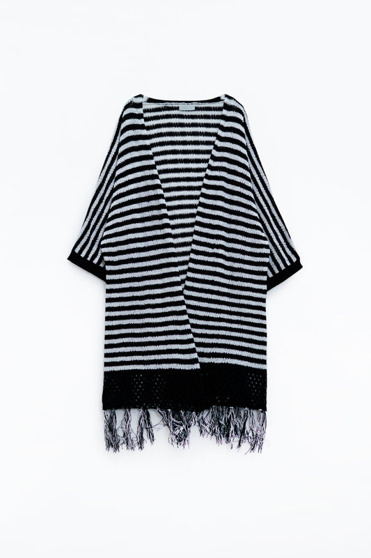 Black Boho Style Cardigan With Stripes Pointelle Knit and Fringe Details - cardigan
