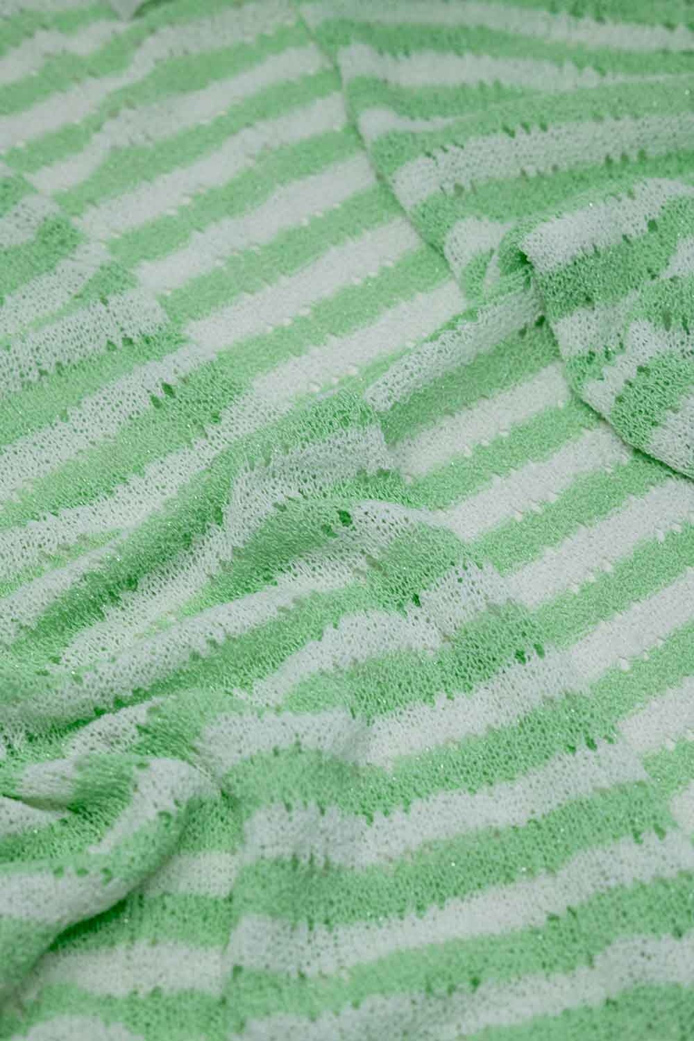 Green Boho Style Cardigan With Stripes Pointelle Knit and Fringe Details