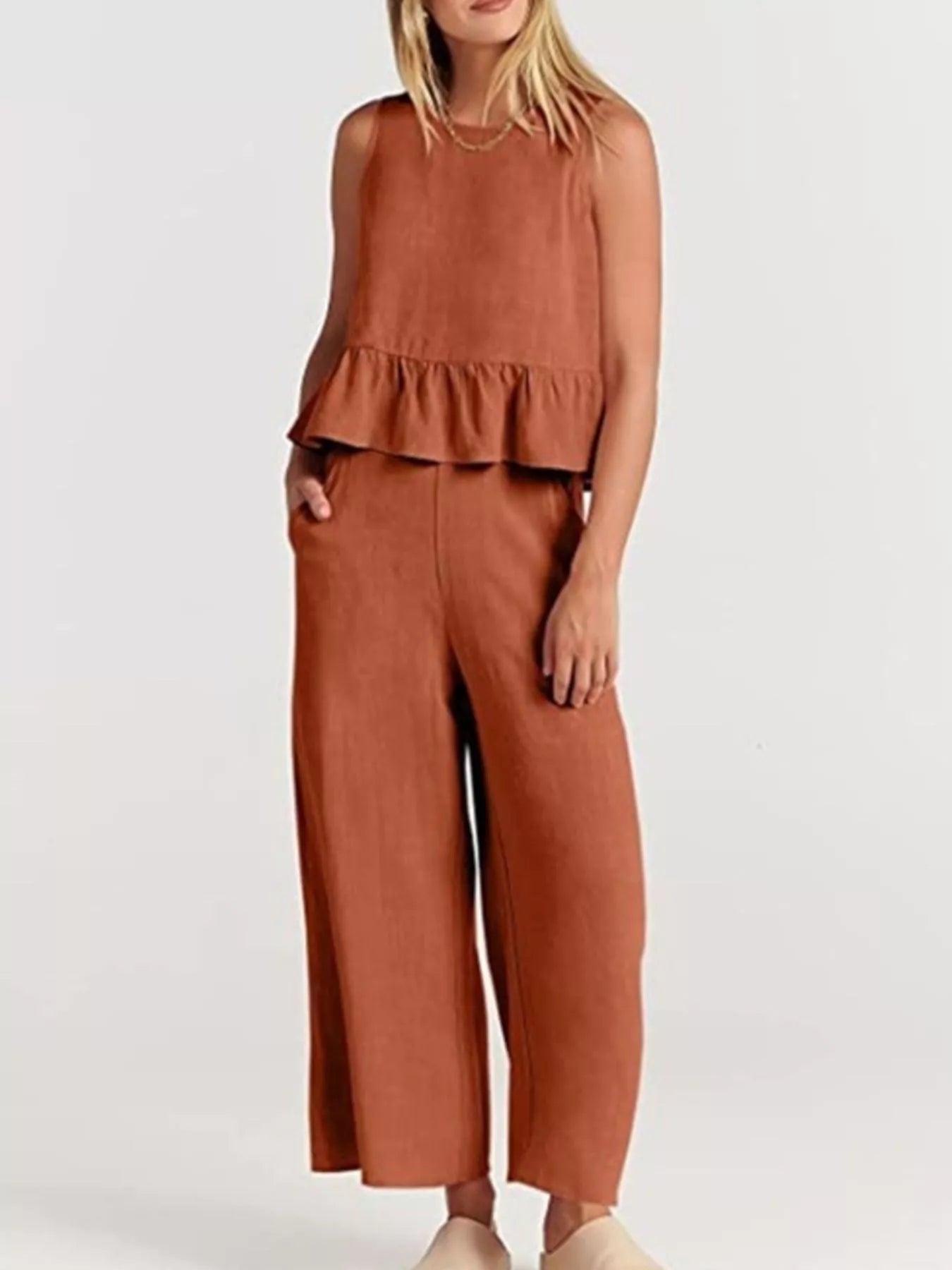 Full Size Ruffled Hem Sleeveless Top and Wide-Leg Pants Set Plus Size - Sets
