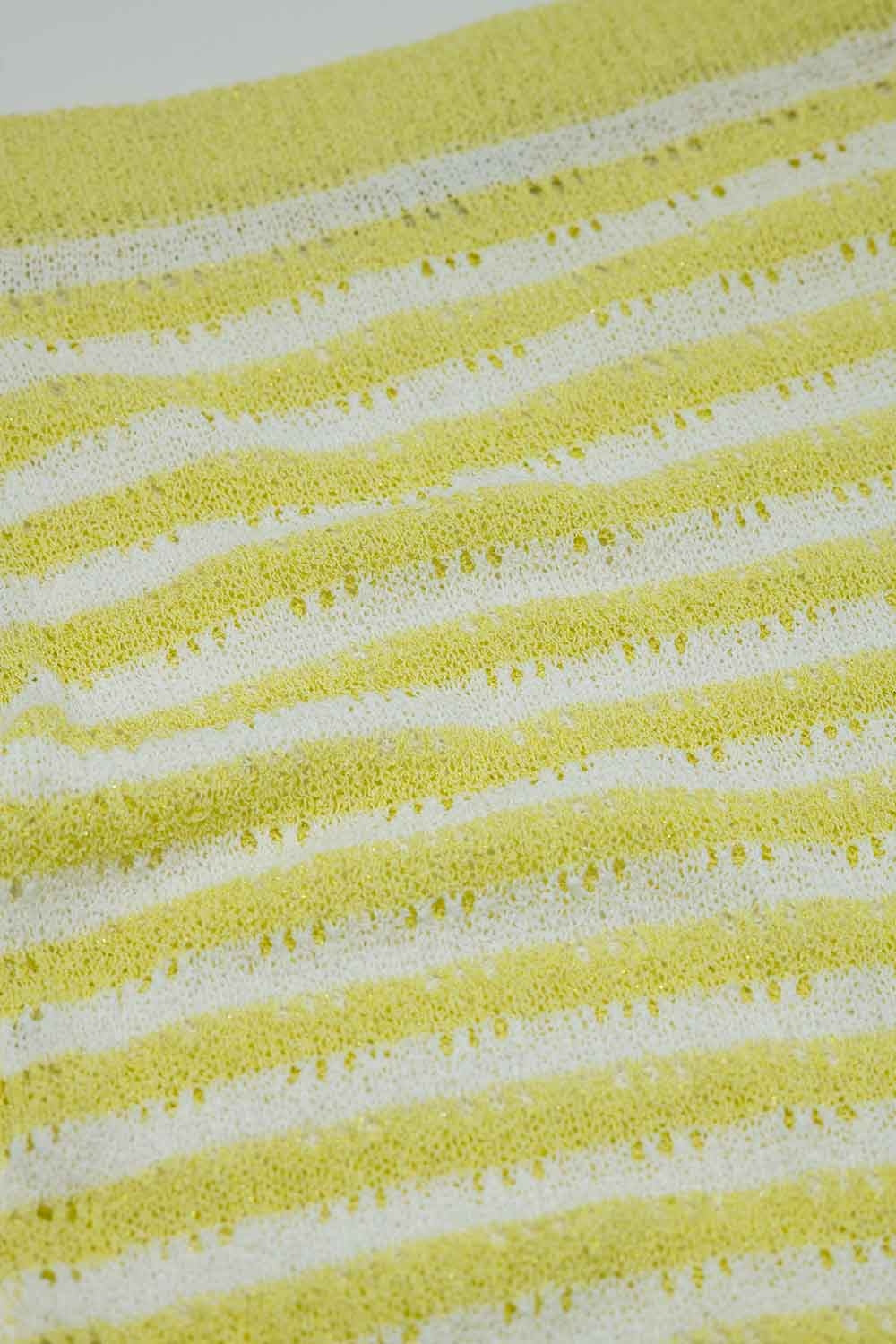 Midi Crochet White Skirt With Yellow Stripes and Fringe Hem