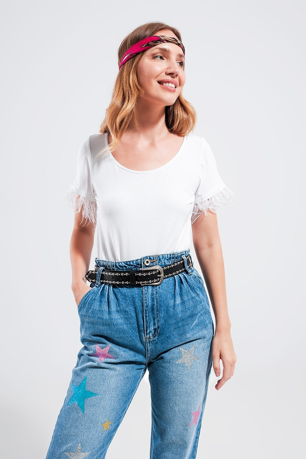 Embellished top with faux feather cuffs in white - top