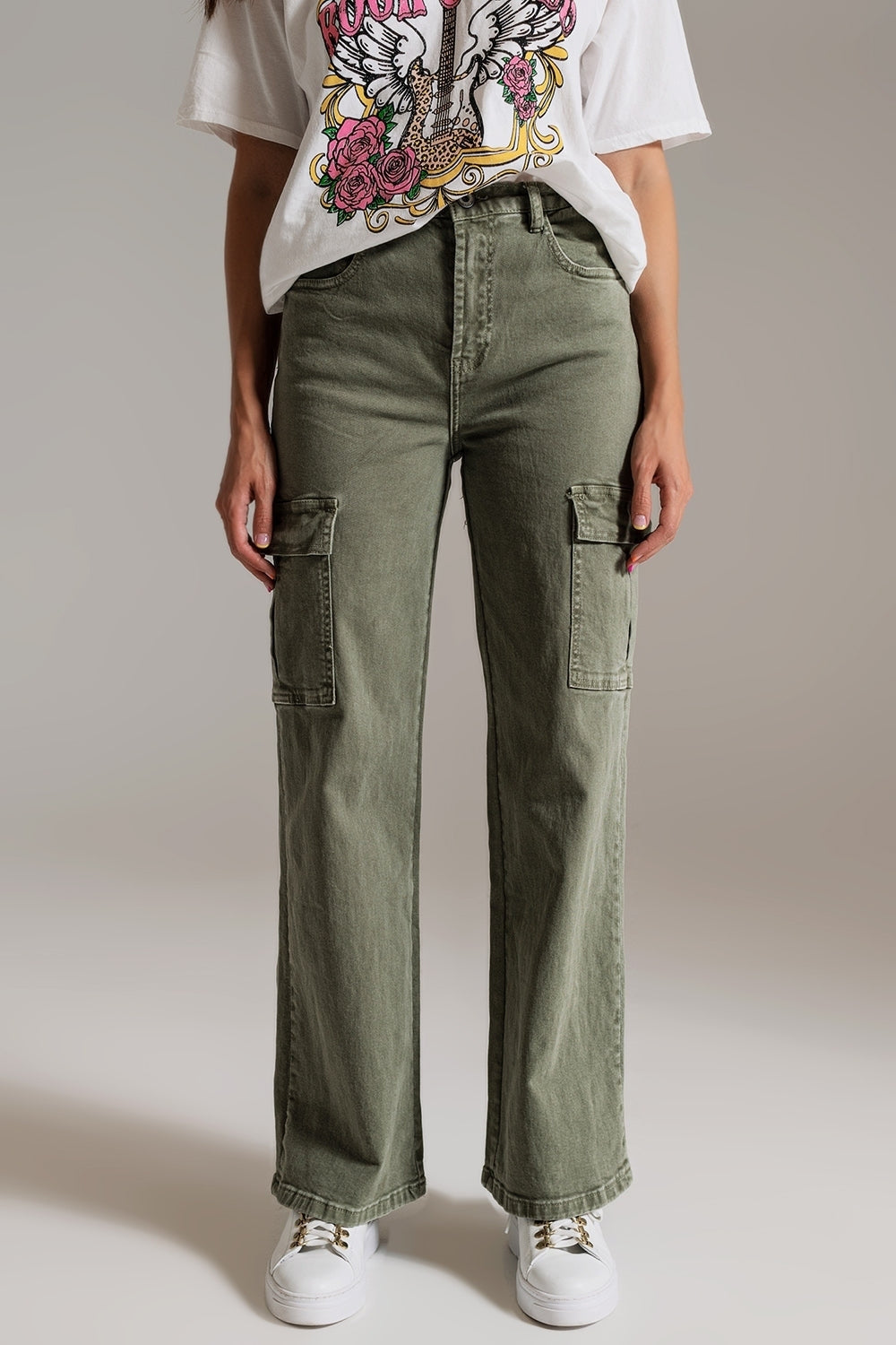 Straight Leg Cargo Jeans in Olive Green - trousers, Coloured Jeans