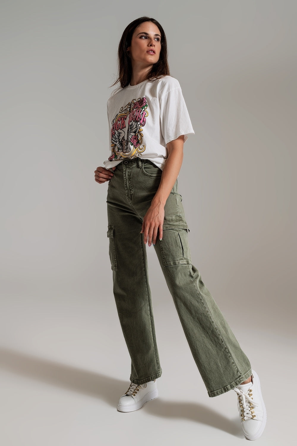 Straight Leg Cargo Jeans in Olive Green - trousers, Coloured Jeans