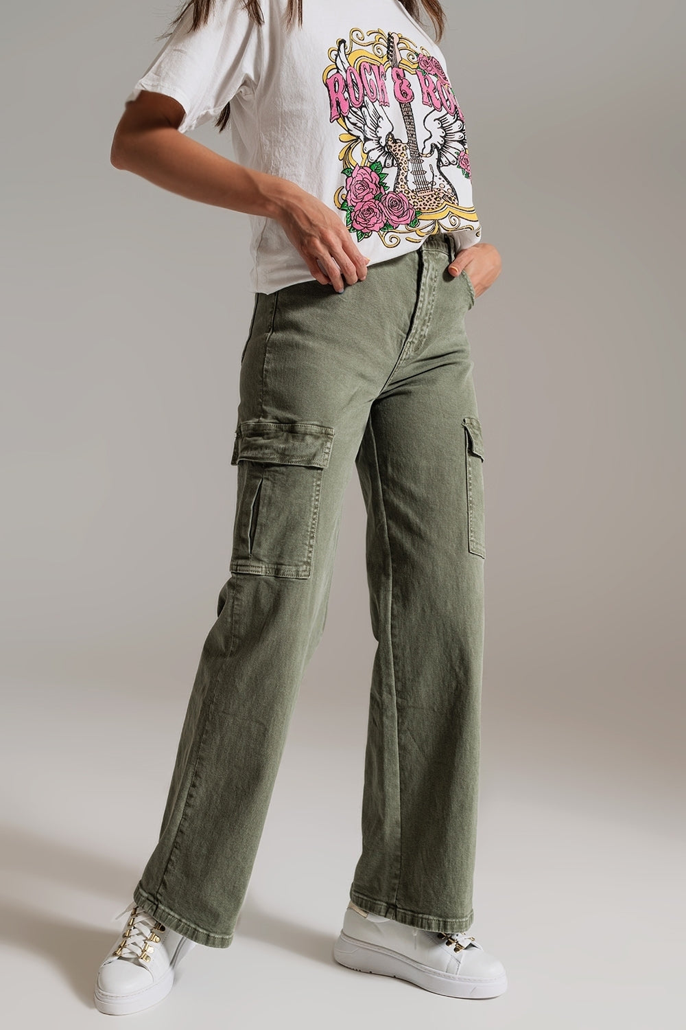 Straight Leg Cargo Jeans in Olive Green - trousers, Coloured Jeans
