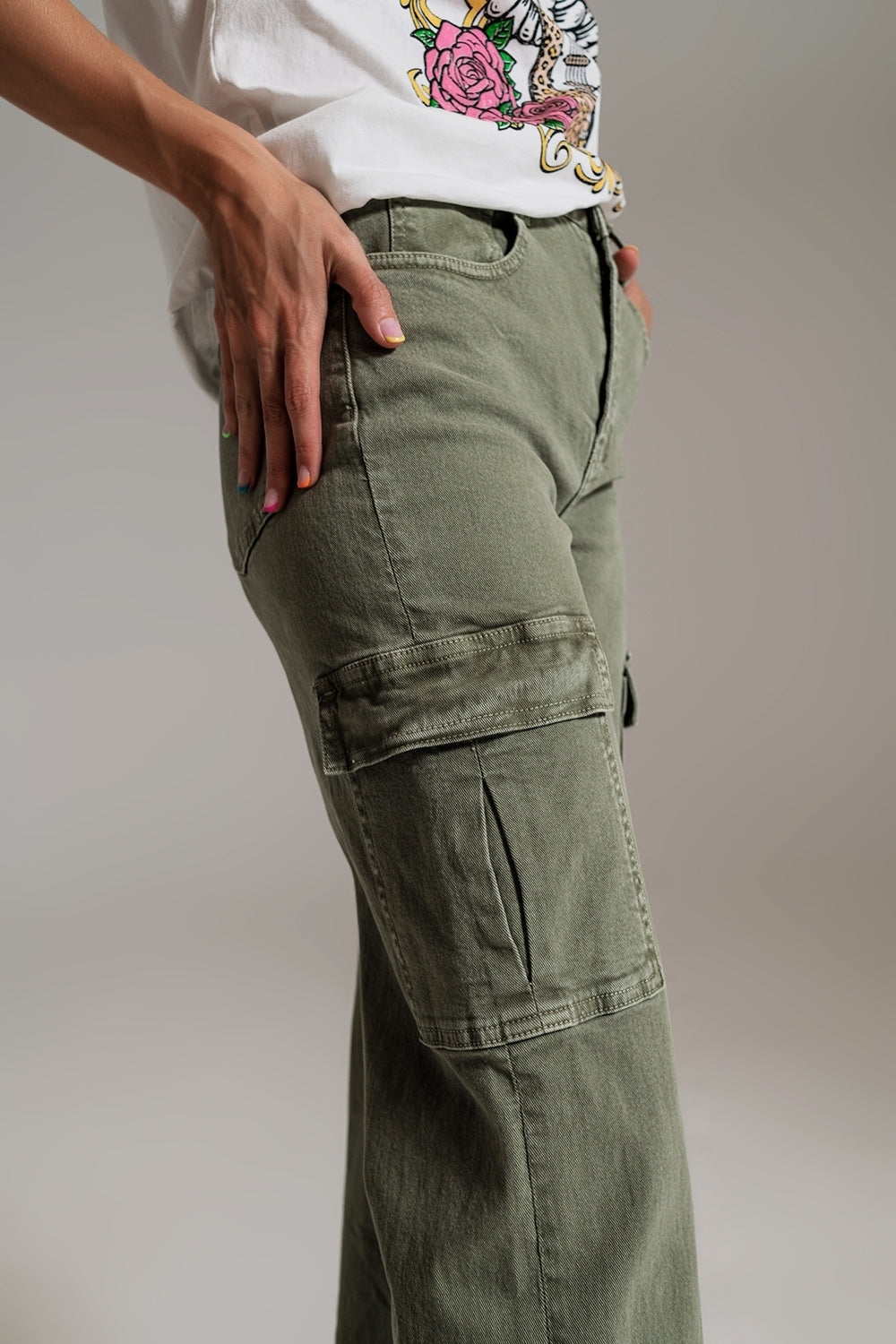 Straight Leg Cargo Jeans in Olive Green - trousers, Coloured Jeans