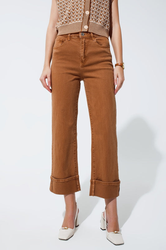 Straight leg jeans in camel with folded trouser legs - trousers, Coloured Jeans