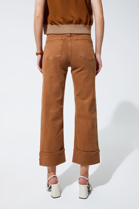 Straight leg jeans in camel with folded trouser legs - trousers, Coloured Jeans