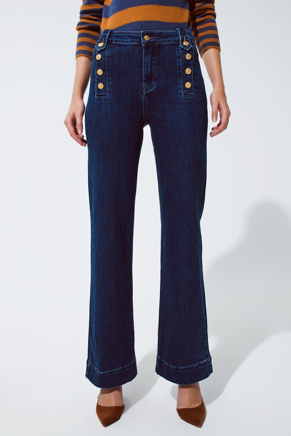 Marine Flare Jeans With Button Detailing in Mid wash - Denim