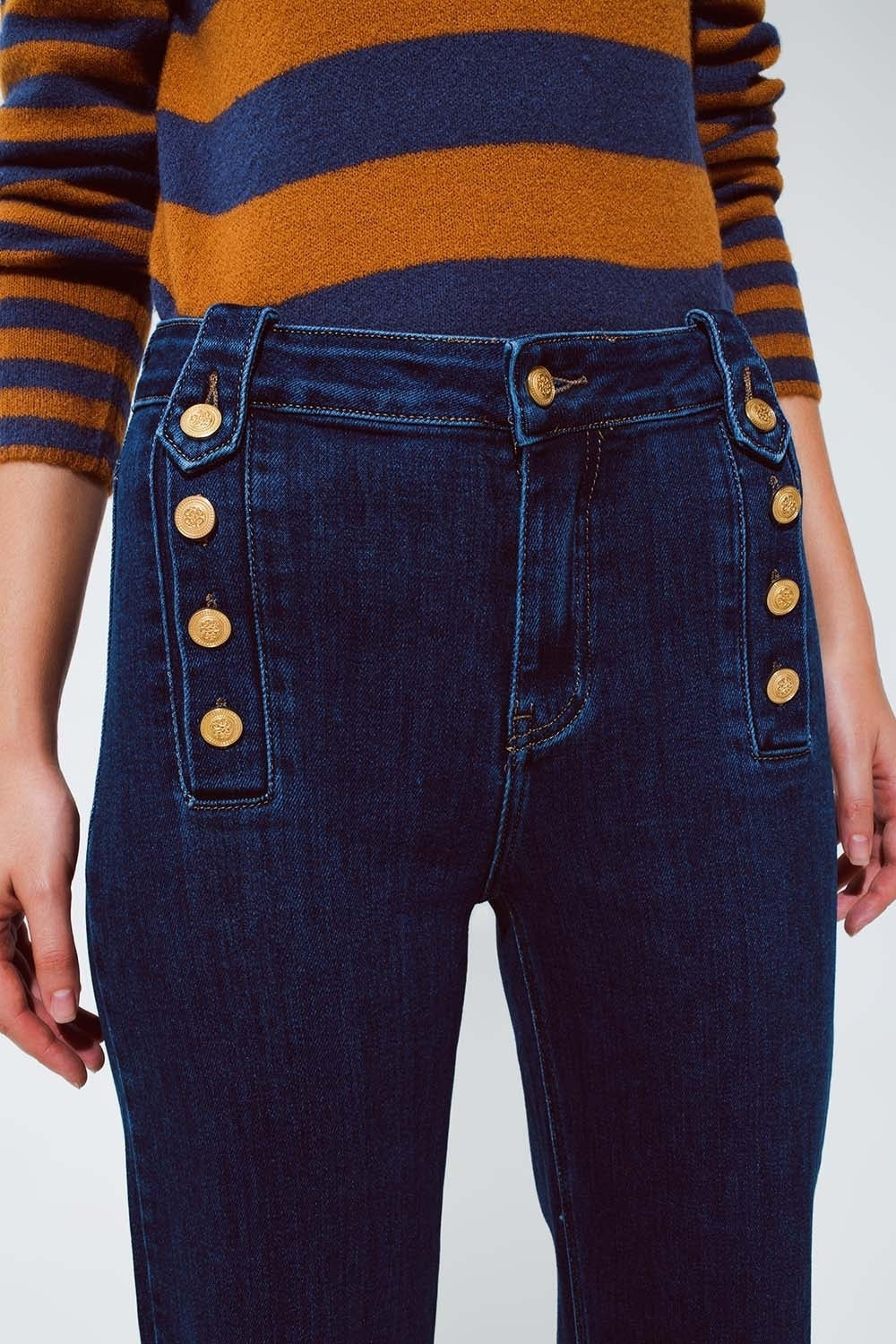 Marine Flare Jeans With Button Detailing in Mid wash - Denim
