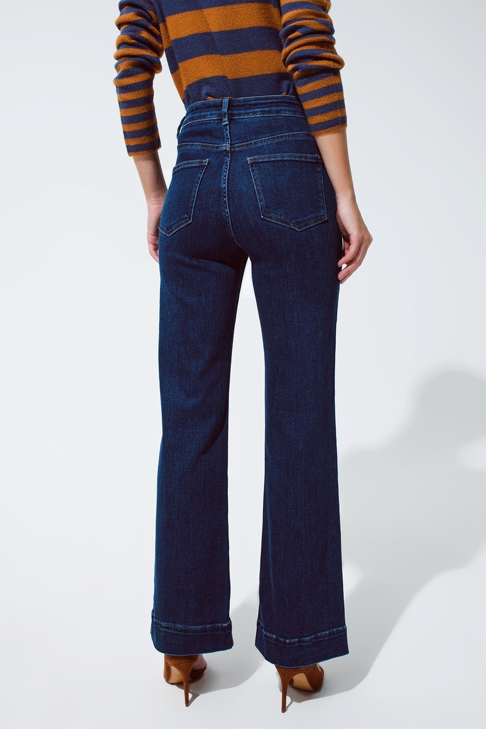 Marine Flare Jeans With Button Detailing in Mid wash - Denim