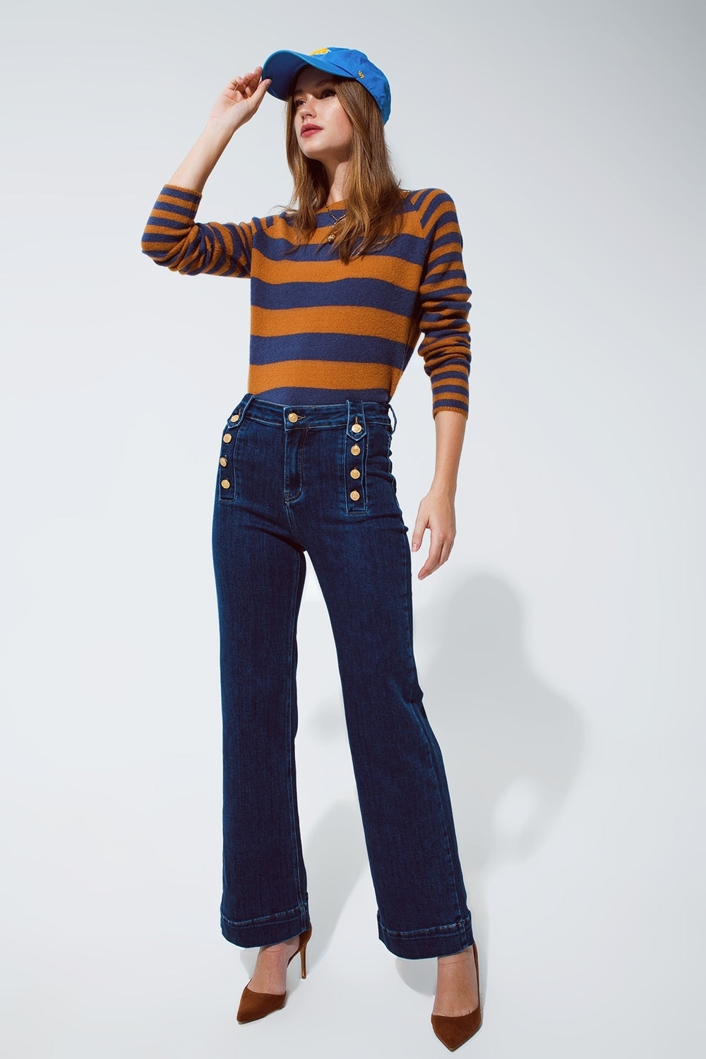 Marine Flare Jeans With Button Detailing in Mid wash - Denim