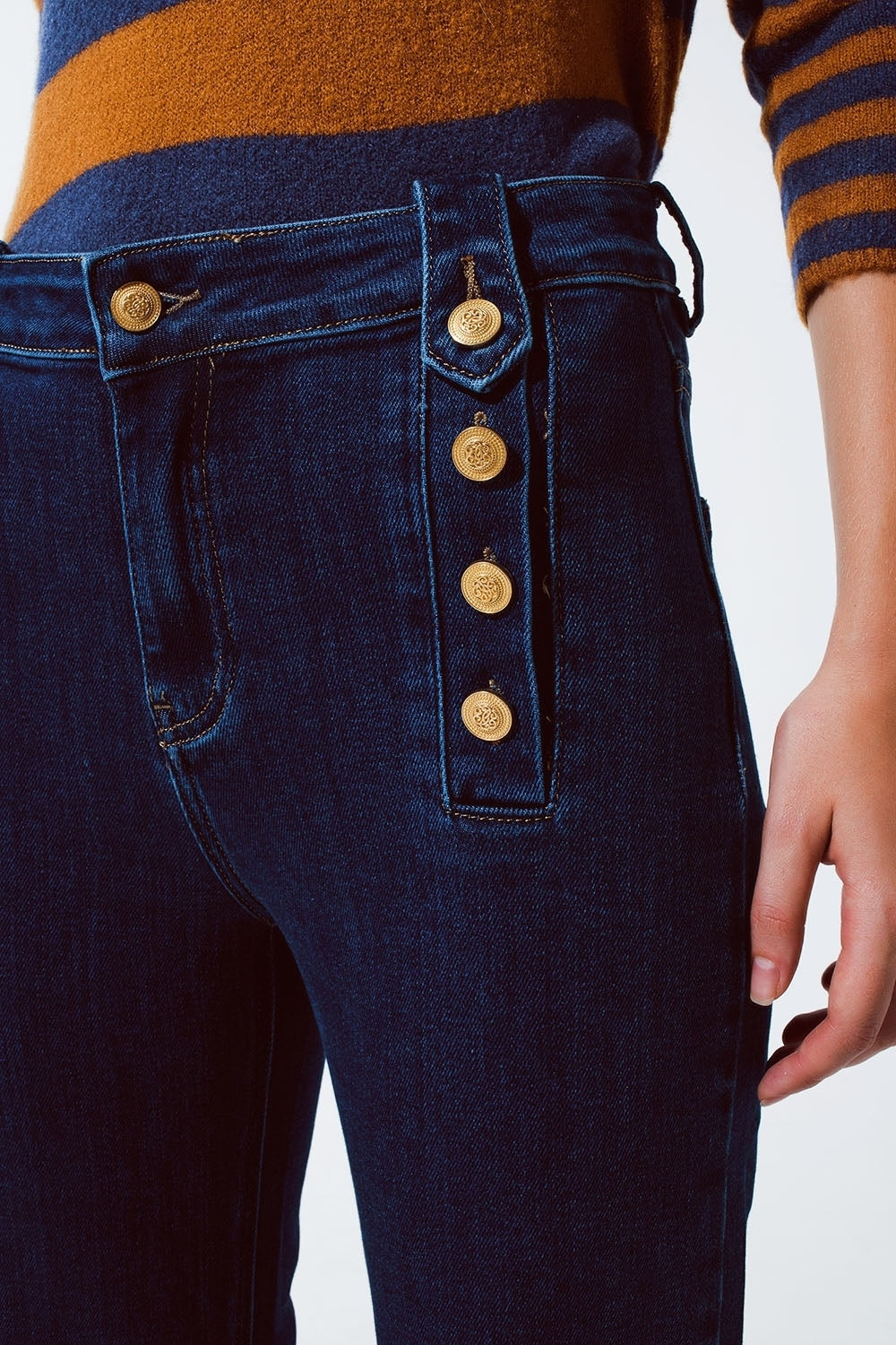 Marine Flare Jeans With Button Detailing in Mid wash - Denim