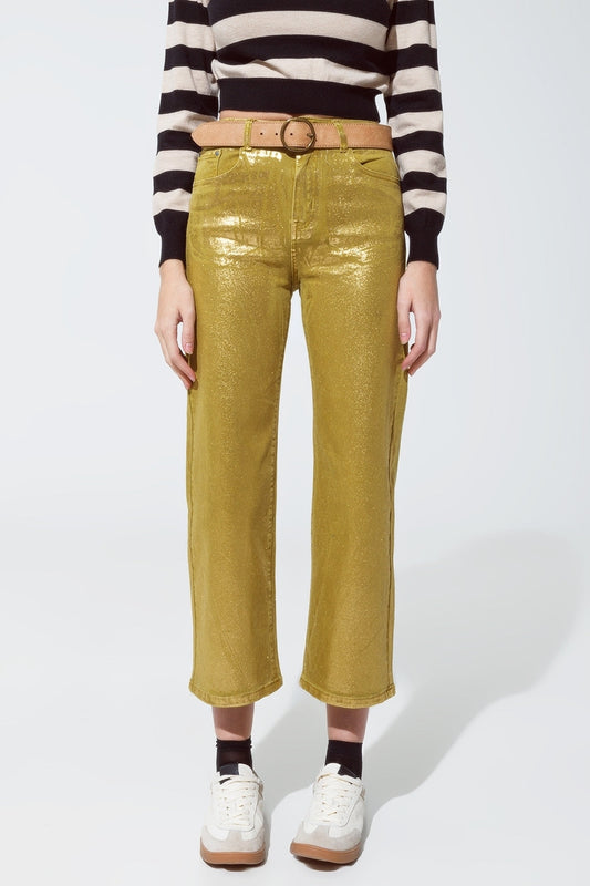 Green straight leg jeans with gold metallic glow - Coloured Jeans