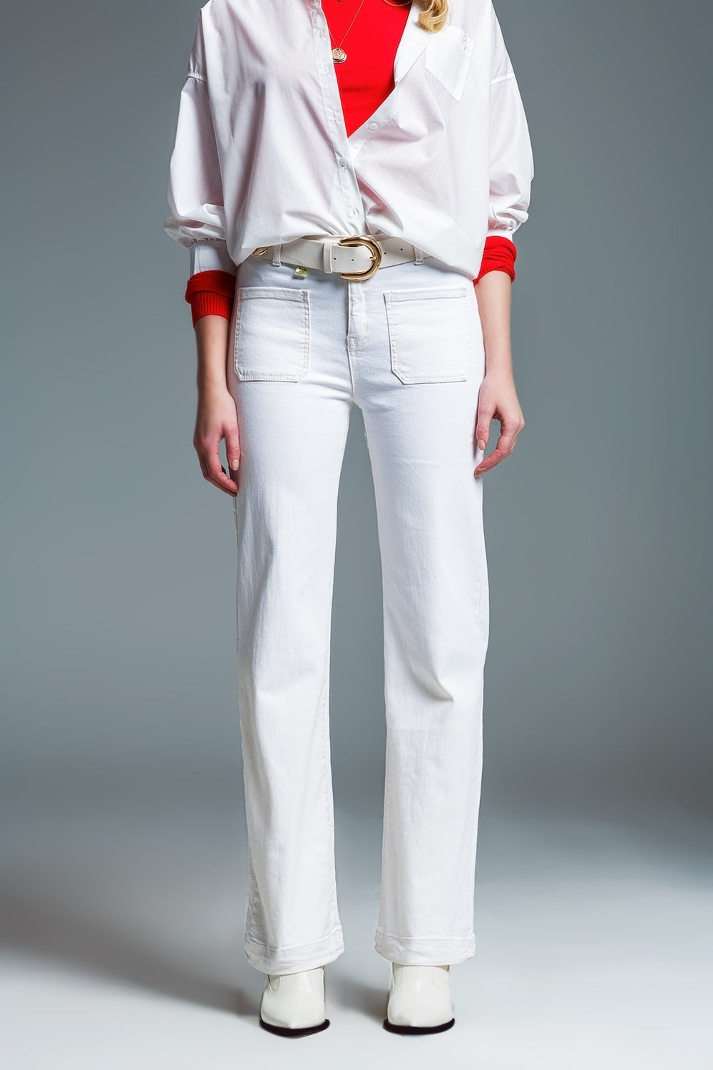 high waisted front pockets flare jeans in white - Coloured Jeans