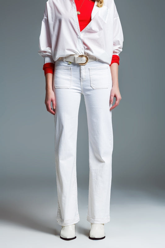 high waisted front pockets flare jeans in white - Coloured Jeans