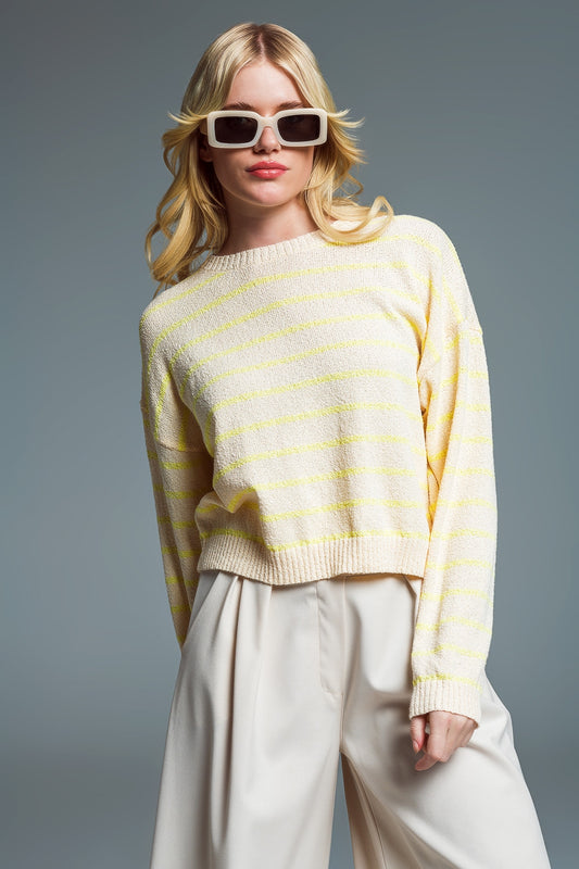Sweater With Drop Shoulders in Beige with Yellow Stripes - jumper