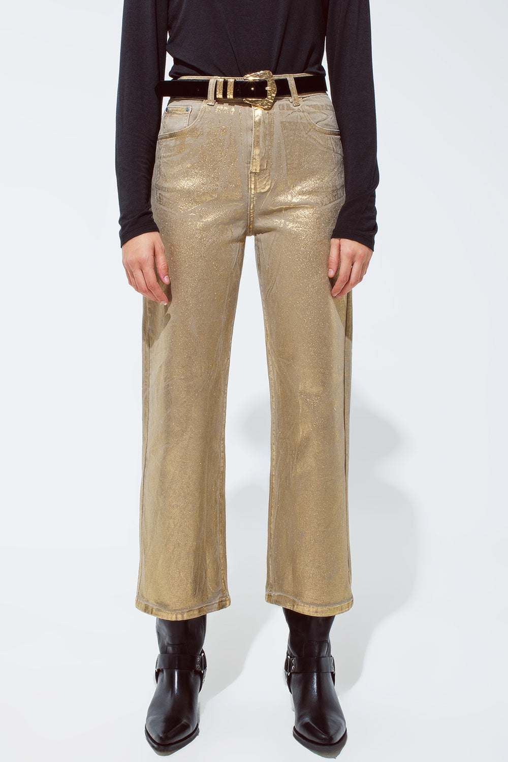 Gold straight leg jeans with metallic glow