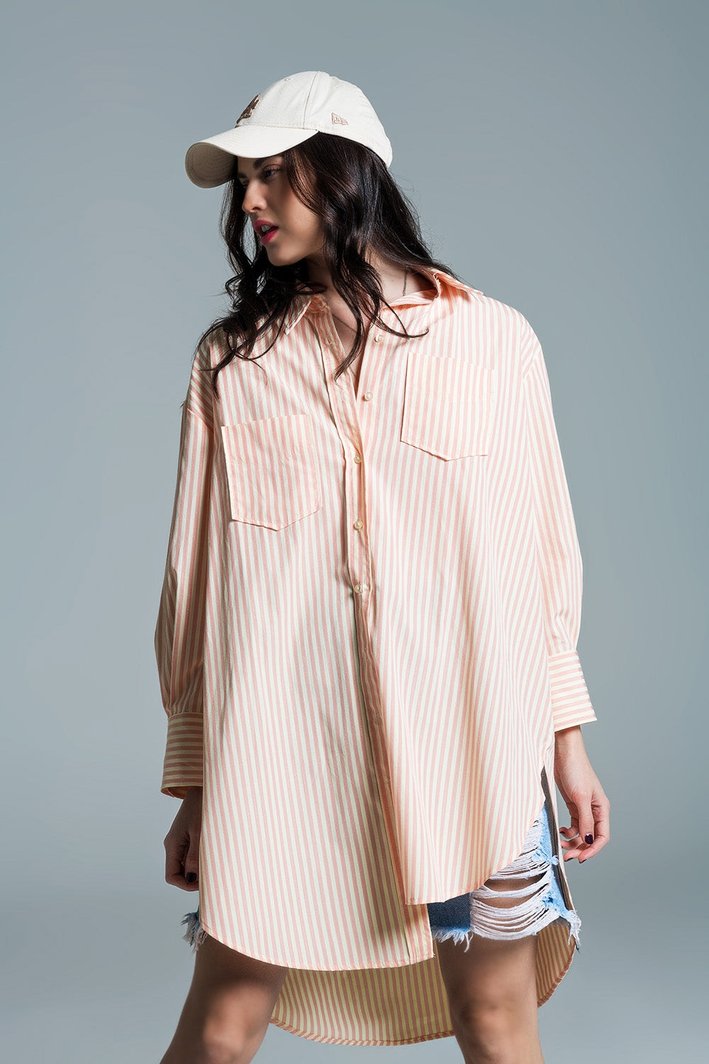 Blouse ample orange clair à rayures blanches