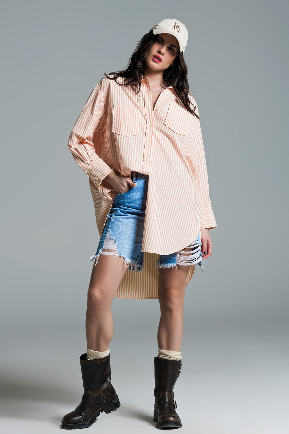 Light orange oversized blouse with white stripes - Shirts
