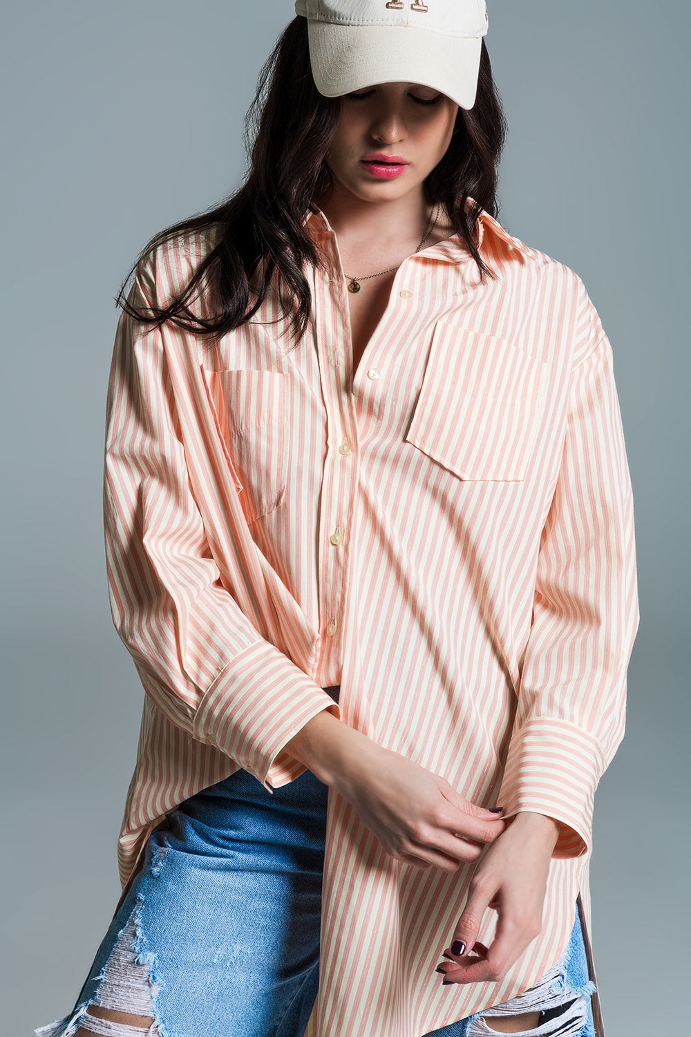 Light orange oversized blouse with white stripes - Shirts