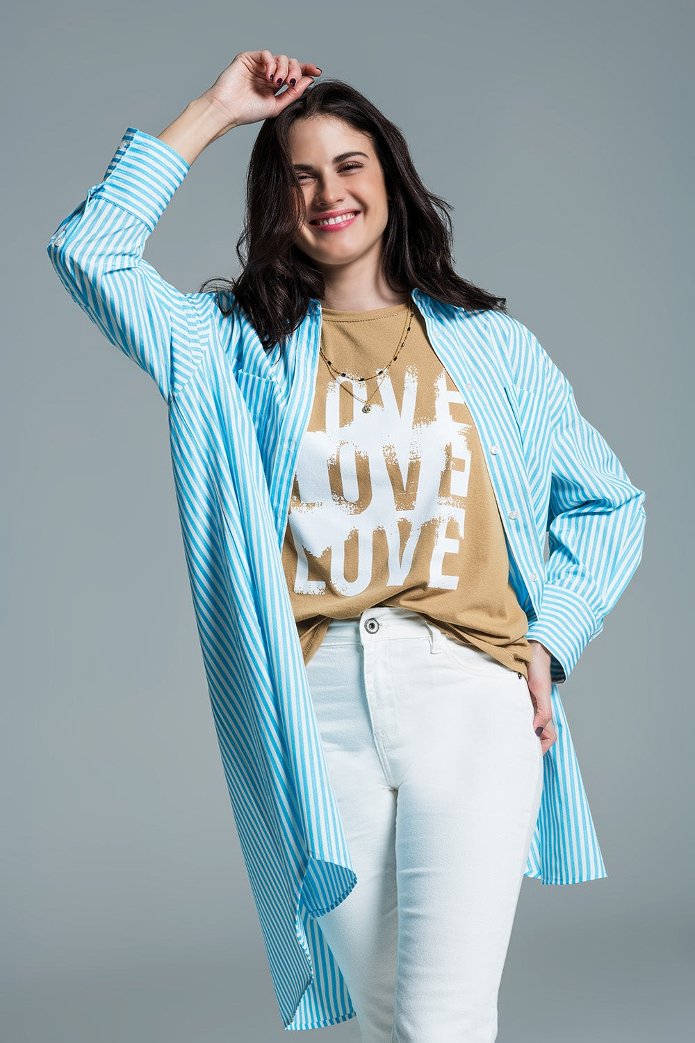 Light blue oversized blouse with white stripes - Shirts