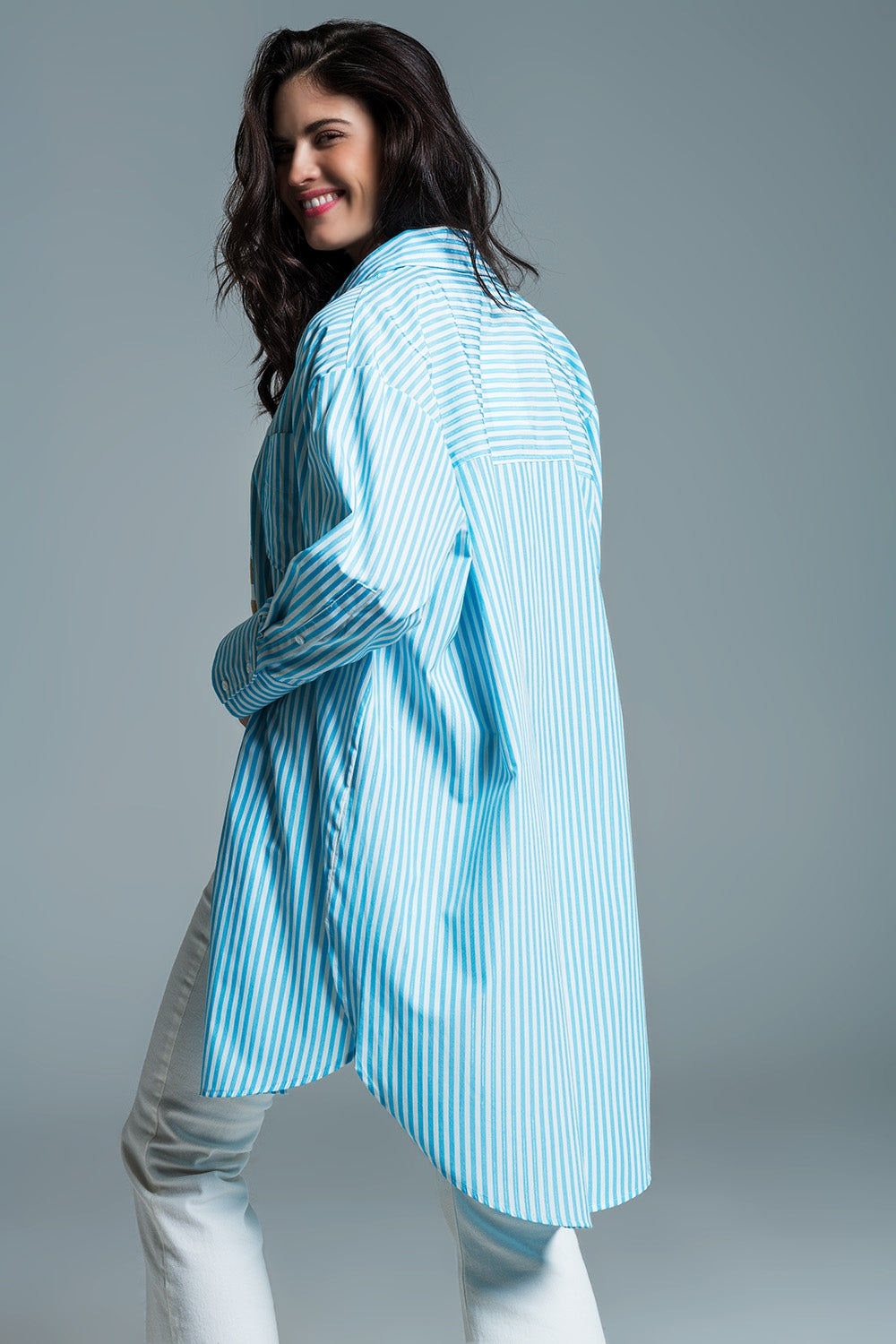 Light blue oversized blouse with white stripes - Shirts